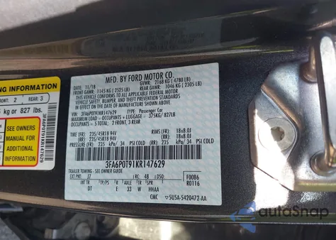 2019 Ford Fusion Se из США, поврежденный, VIN 3FA6P0T91KR147629